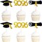 48Pcs Class of 2026 Graduation Cupcake Toppers - Pre-Assembled Black and Gold Food Picks - Glitter Grad Cap, Diploma & 2026 Dessert Decorations for High School and College Parties